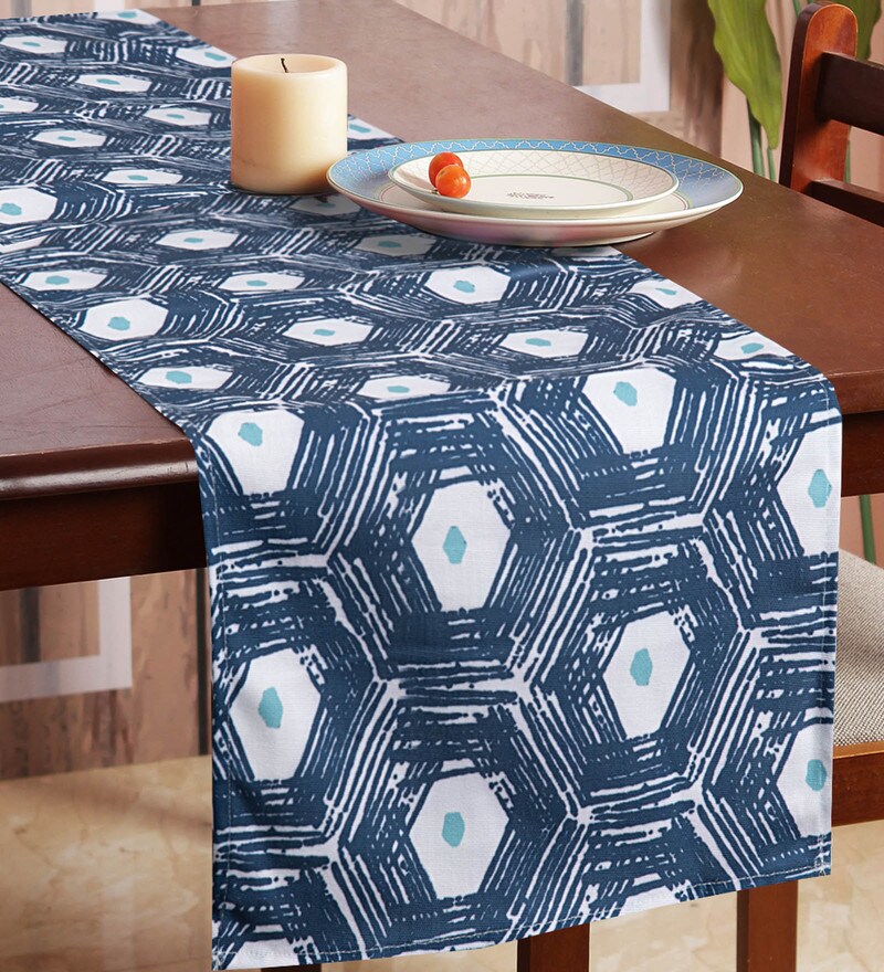 Buy Abstract Pattern Blue Cotton 71X15 Inches Table Runner By Houzzcode
