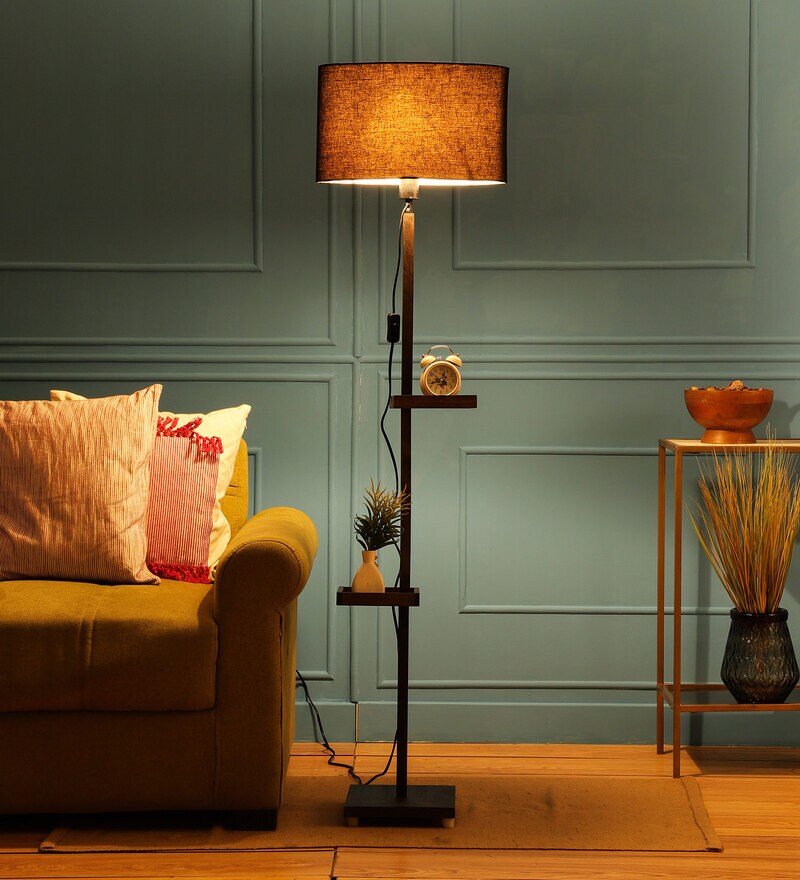 Buy Black Fabric Double Shelf Floor Lamp With Wood Base by Sanded Edge