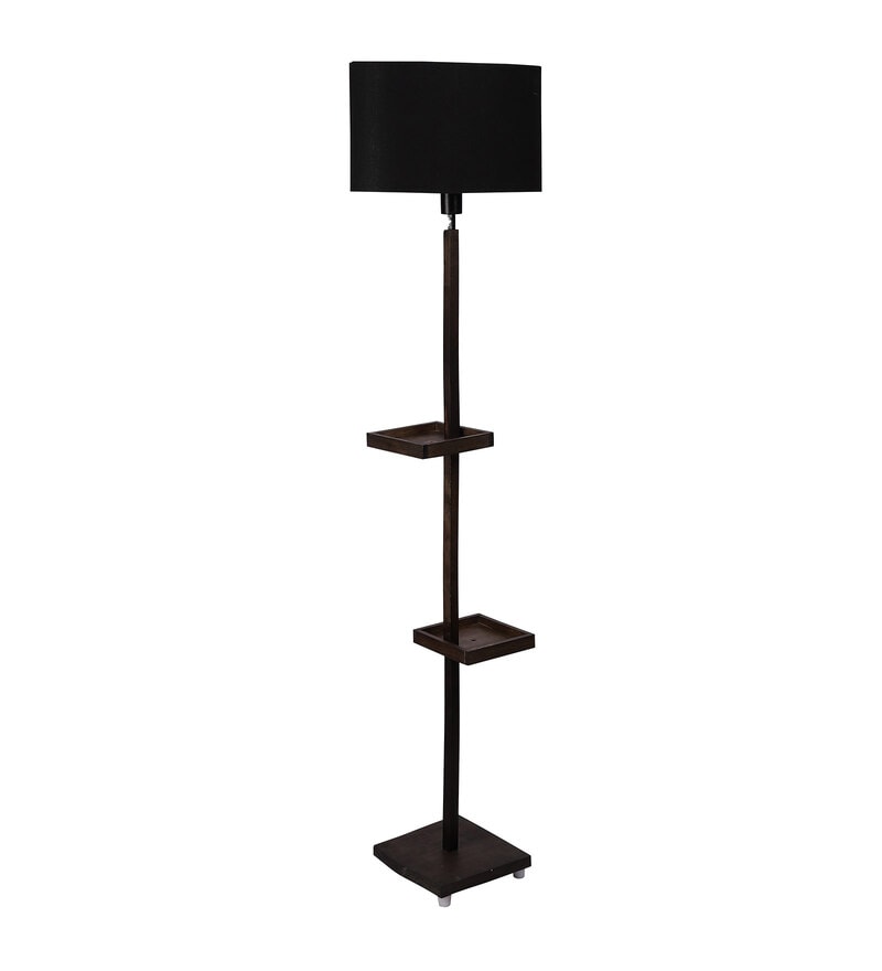 Buy Black Fabric Double Shelf Floor Lamp With Wood Base by Sanded Edge