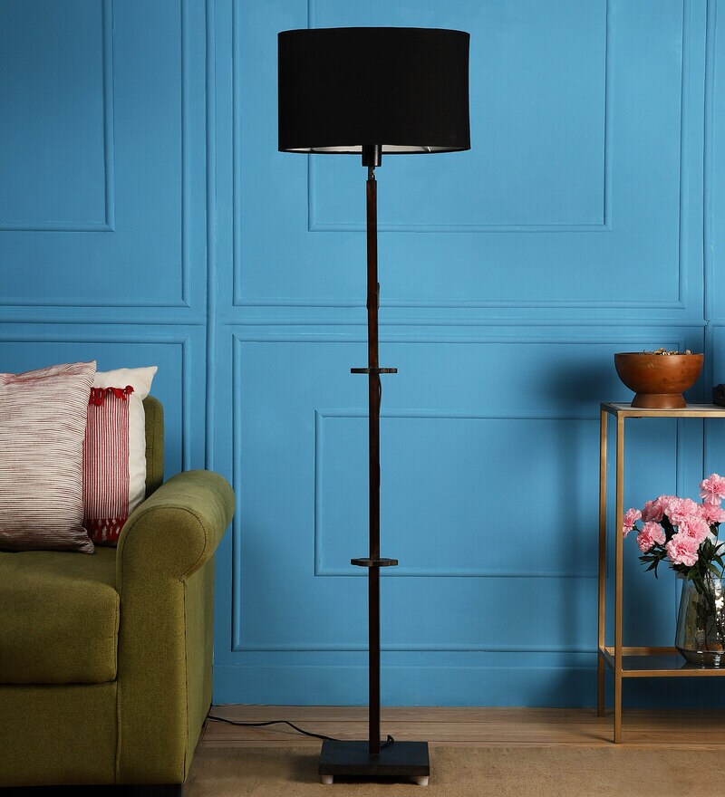 Buy Black Fabric Floor Lamp With Wood Base by Sanded Edge Online Club