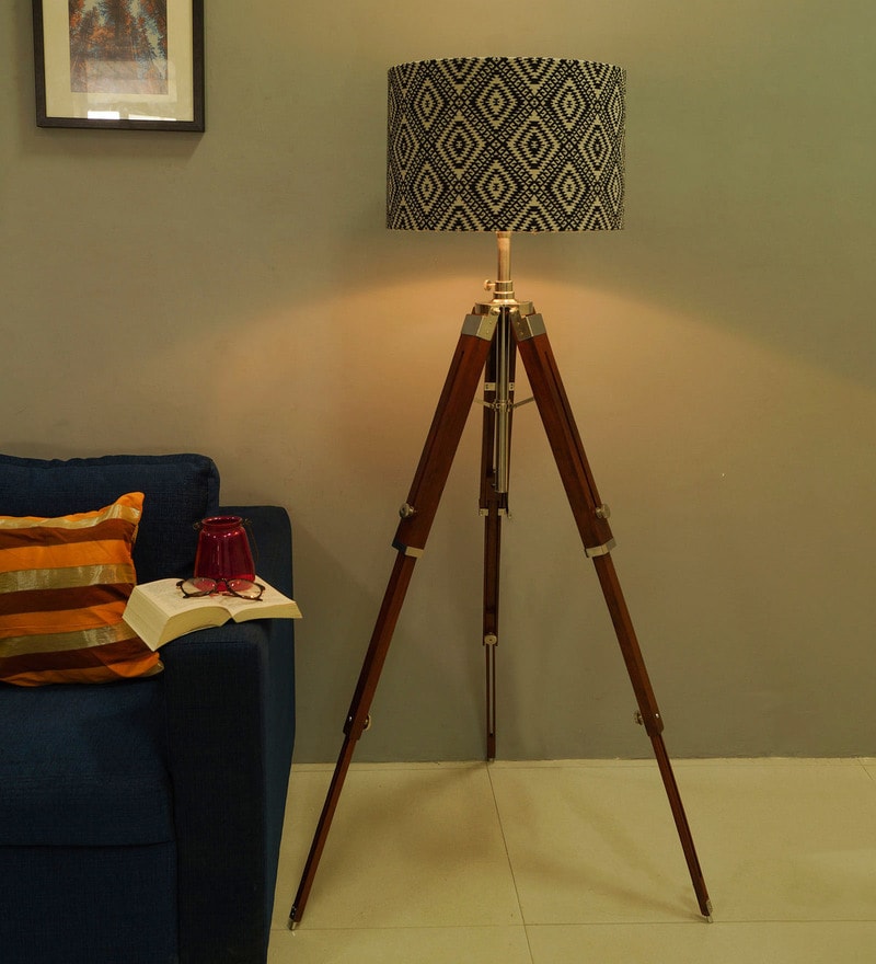 Buy Black Fabric Shade Tripod Floor Lamp with Brown Base by Grated ...