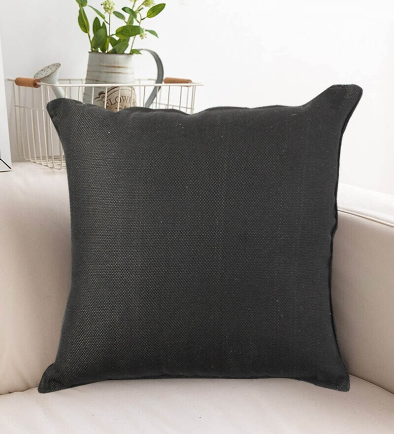 Buy Black Jute Solid 16x16 inches Cushion Cover by Faburaa Online Solid Colour Cushion Covers