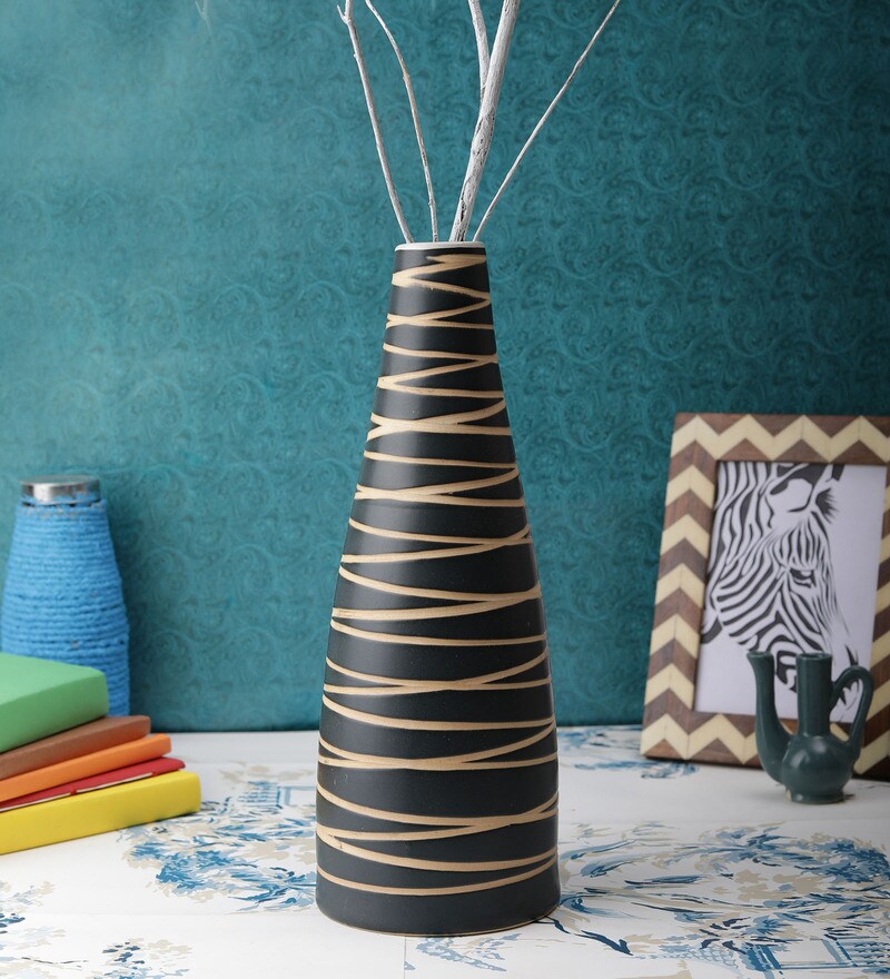 Buy Black Matt Cris Cross 14 Inch Large Ceramic Vase By Vareesha