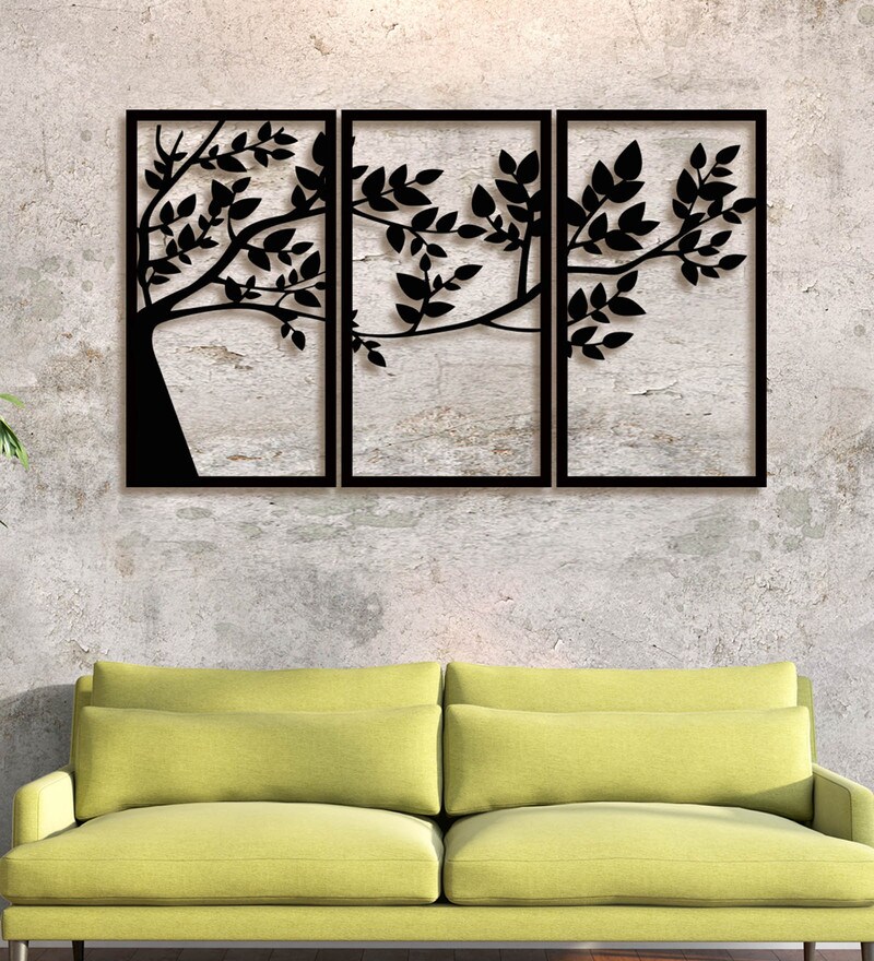 Buy Black Mdf Tree With Leaves Art Pane Set Of 3 By 999store Online Floral Art Panels Art Panels Home Decor Pepperfry Product