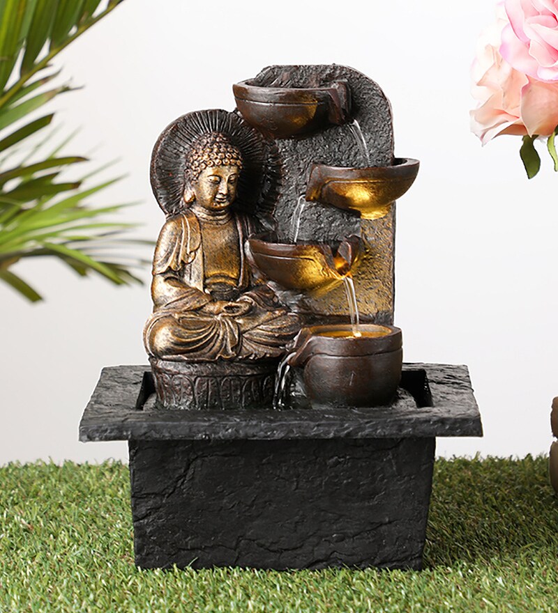 Buy Black Resin Lord Gautam Buddha Indoor Water Fountain with Led Light