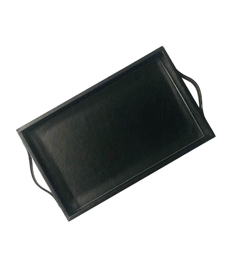Buy Black Serving Premium Leather Serving Tray with Handles By Casa