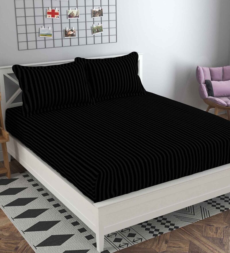 Buy Black Solid TC 210 Cotton Double Bed Sheet With 2 Pillow Covers by