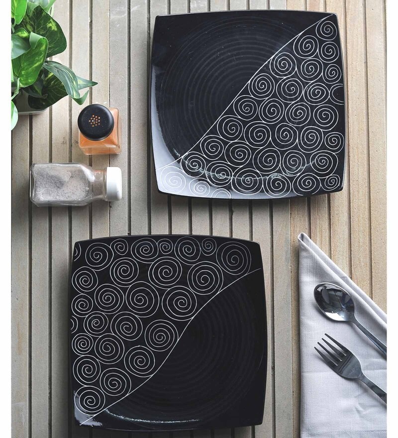 Buy Black Square Ceramic Plates 2 pieces by VarEesha Online Side
