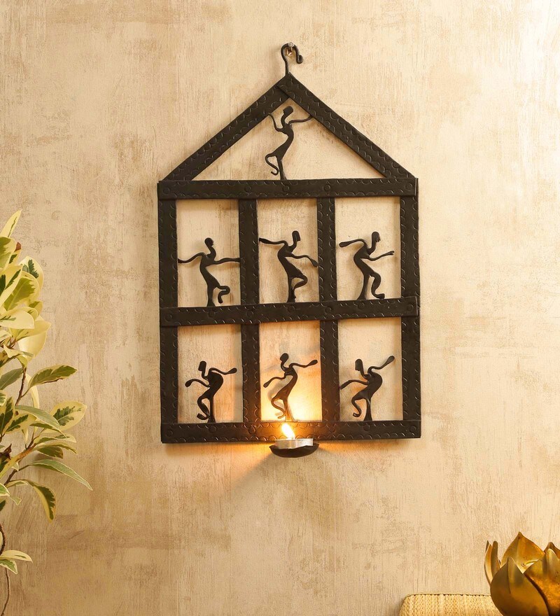 Buy Black Metal Wall Tea Light Holder by Chinhhari Arts Online Wall