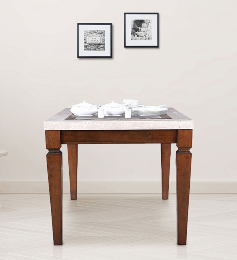 Buy Bliss Marble Top 4 Seater Dining Table with Inlay in Beige Colour by Hometown Online