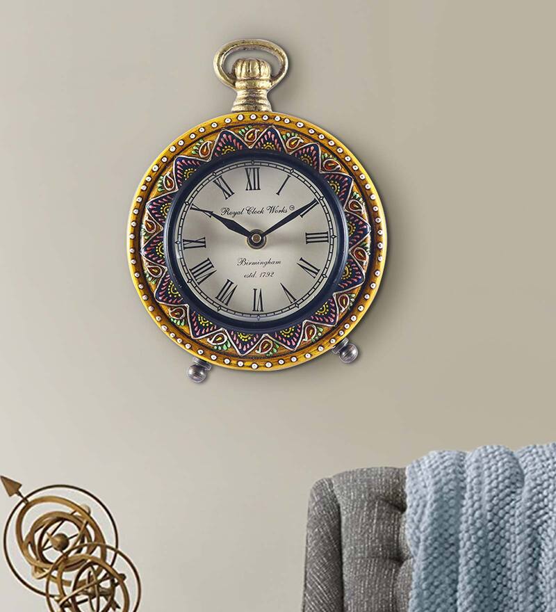 Buy Blue & Musturd MDF+HANDPAINTED Wall Clock by Aapno Rajasthan Online Modern Wall Clocks