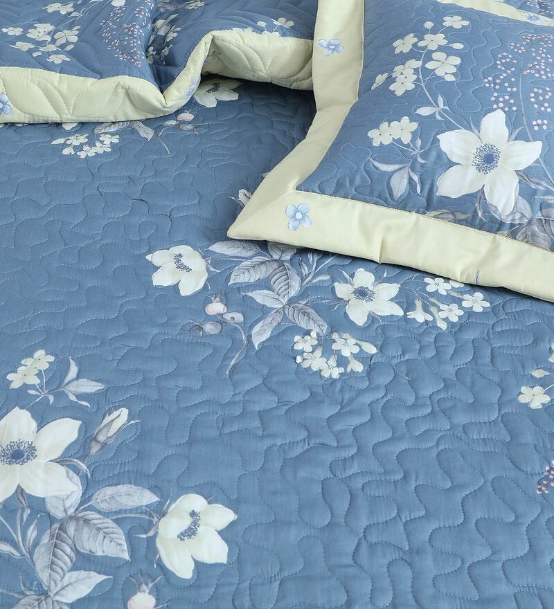 Buy Blue & Off White Floral 250 TC Cotton Quilted Double Bed Cover with
