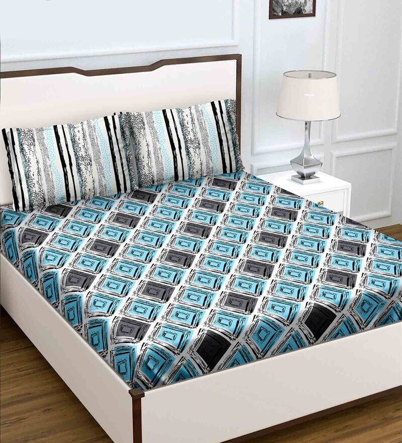 Buy Blue Geometric 180 TC Cotton Queen Sized Bed Sheets with 2 Pillow