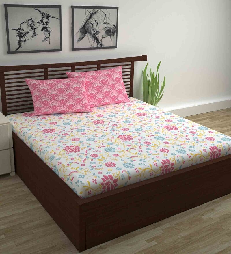 Buy Pink Floral 144 TC Cotton Queen Sized Bed Sheets with 2 Pillow