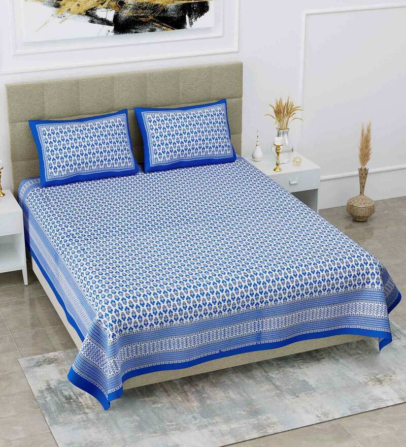 Buy Blue Abstract 108 TC King Size Cotton Bedsheet By Poorak Online