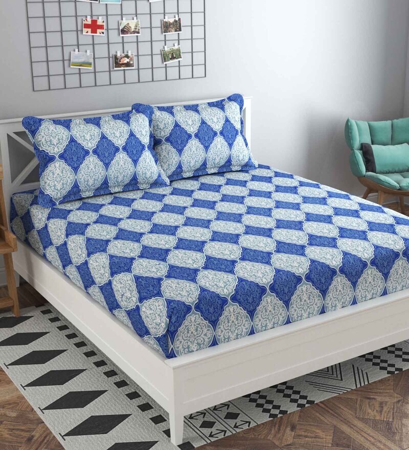 Buy Blue Traditional TC 160 Cotton Double Bed Sheet With 2 Pillow