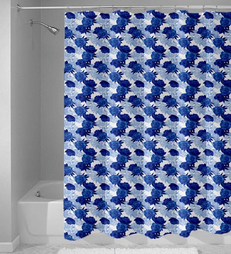 Buy Blue Flower Print Nylon Shower Curtain (Length 84, Width 48