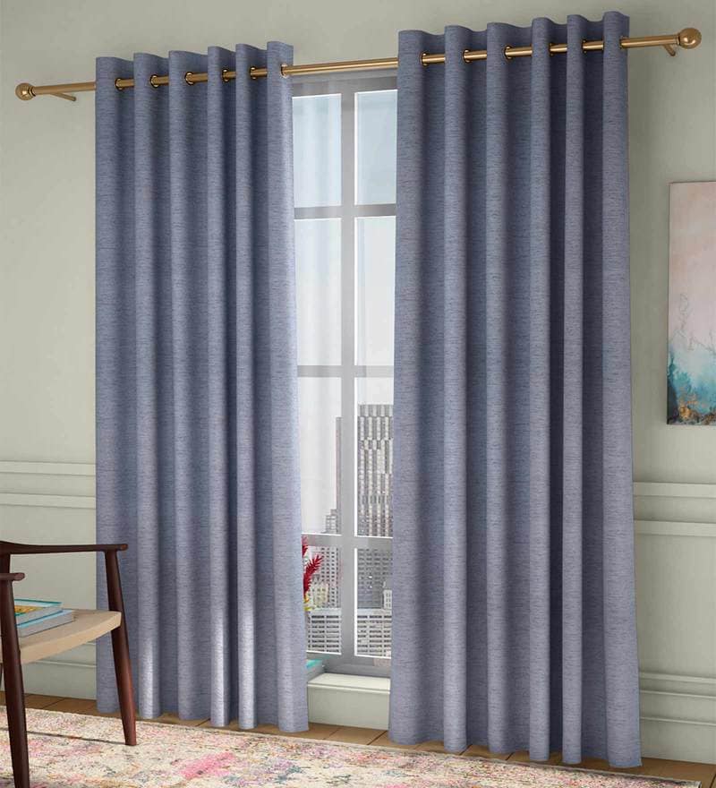 Buy Blue Polycotton Solid 9ft Blackout Eyelet 2 Pcs Door Curtains By ...