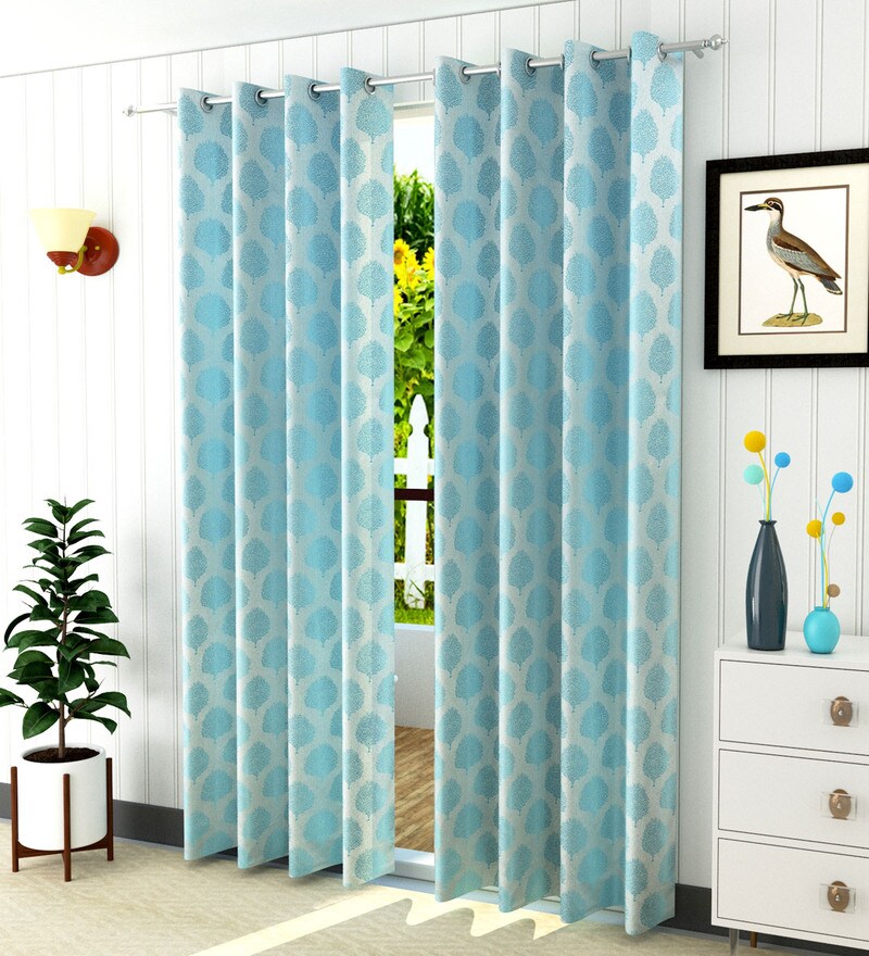 Buy Blue Polyester Floral 5ft Light Filtering Eyelet 1 Pc Window Curtain by Skyloom Online