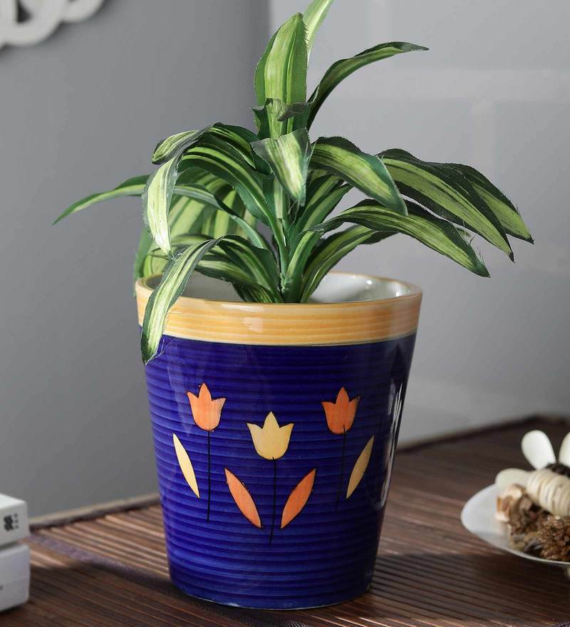 Buy Blue  Ceramic Conical Shaped Ringer Painted Flower  Pot  