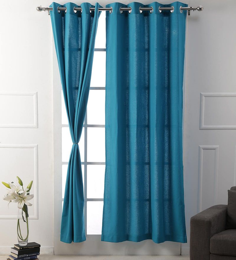 Buy Light Blue Polyester 7 Feet Set Of 2 Door Curtains By Story
