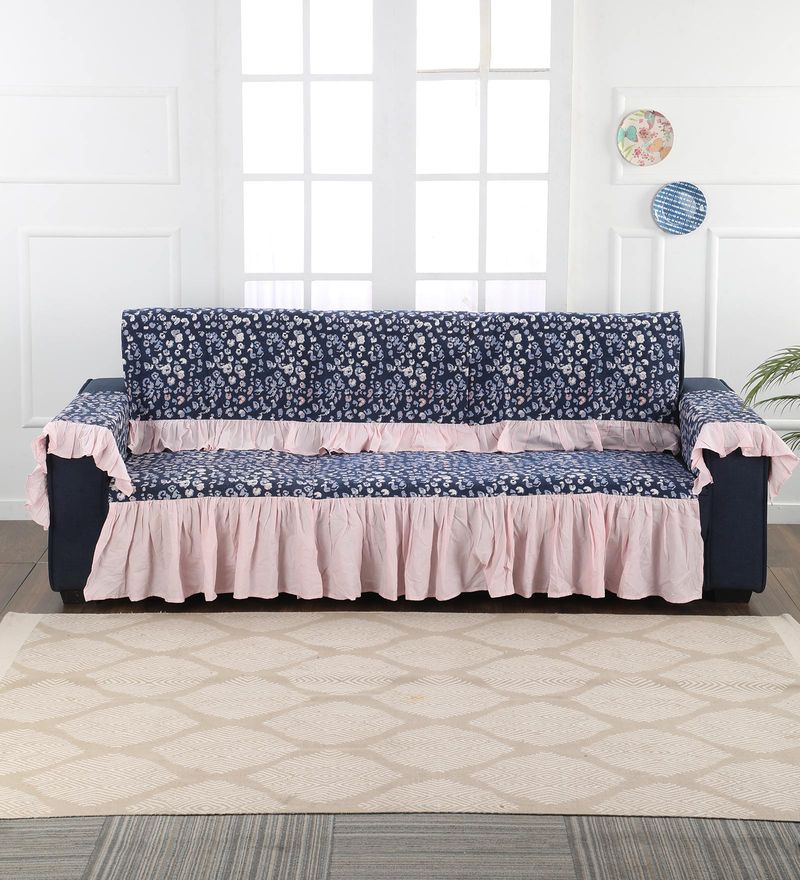 Buy Blue Cotton 3 Seater 36x24 Inch Sofa Cover by Kirti Finishing