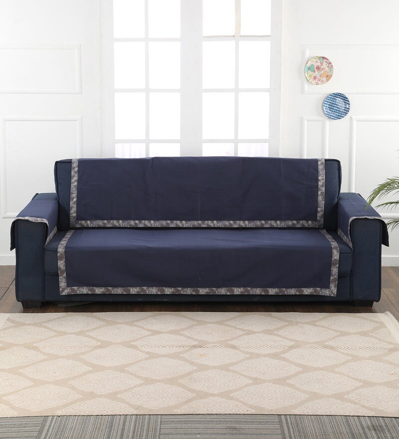 Buy Blue Cotton 3 Seater 36X24 Inch Sofa Cover By Kirti Finishing