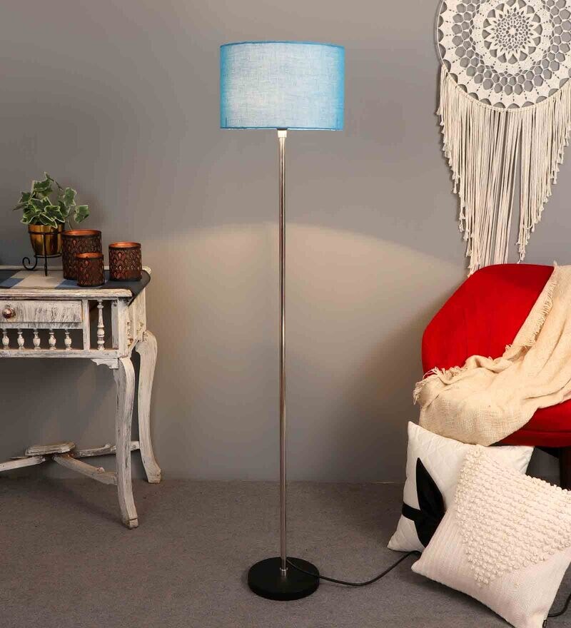 Buy Blue Cotton Shade Club Floor Lamp With Black Base By Pristine