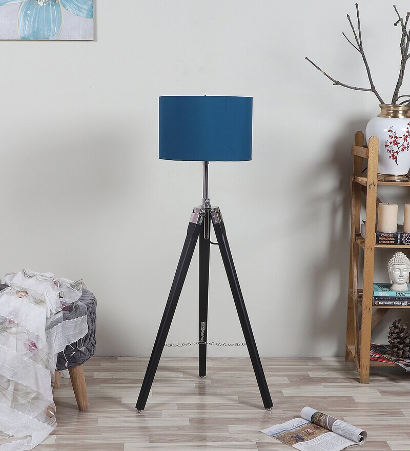 Buy Blue Cotton Shade Tripod Floor Lamp with Black Base by Pristine