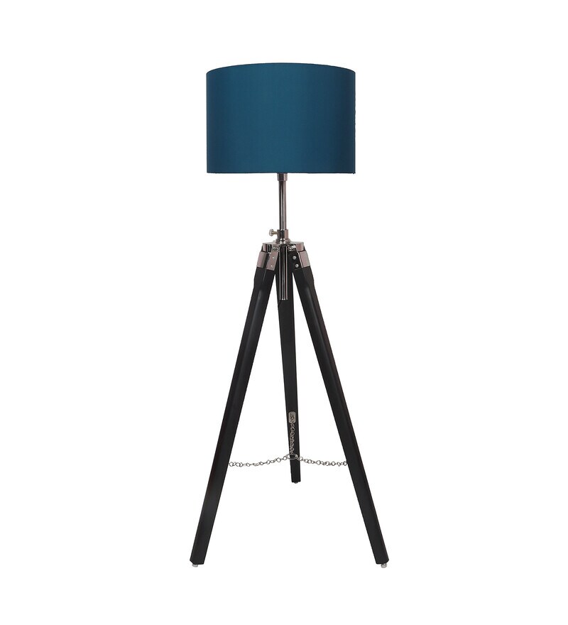Buy Blue Cotton Shade Tripod Floor Lamp with Black Base by Pristine