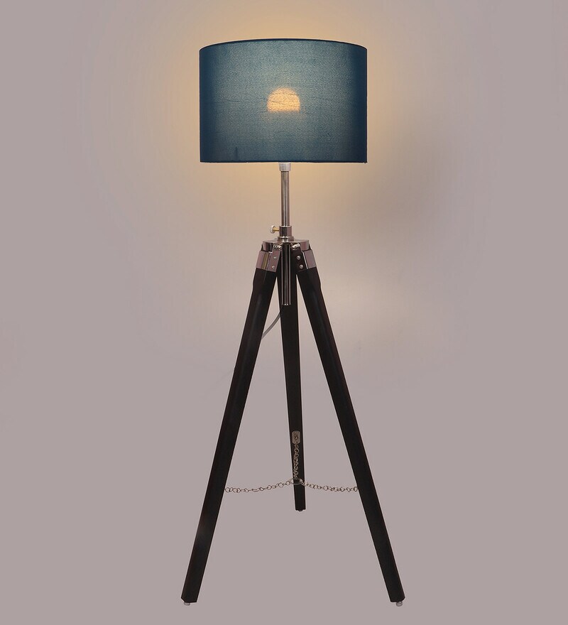 Buy Blue Cotton Shade Tripod Floor Lamp with Black Base by Pristine