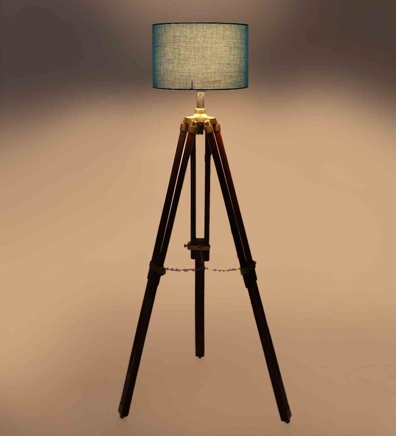 Buy Blue Cotton Shade Tripod Floor Lamp with Walnut Base by Pristine