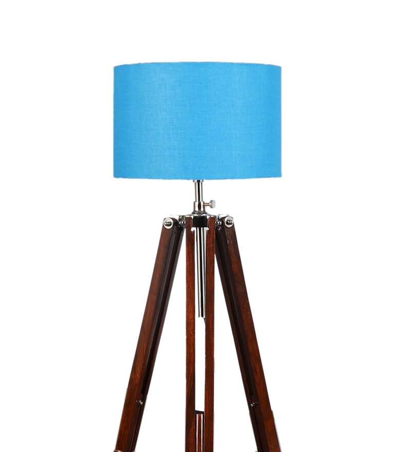 Buy Blue Cotton Shade Tripod Floor Lamp With Walnut Base By Pristine