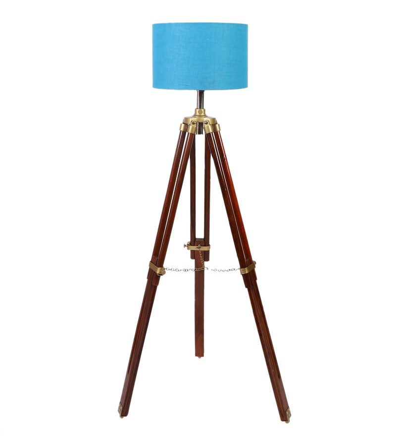 Buy Blue Cotton Shade Tripod Floor Lamp with Walnut Base by Pristine