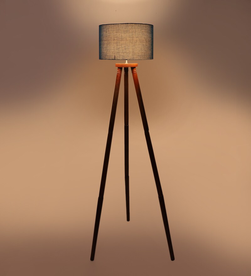 Buy Blue Cotton Shade Tripod Floor Lamp with Walnut Base by Pristine