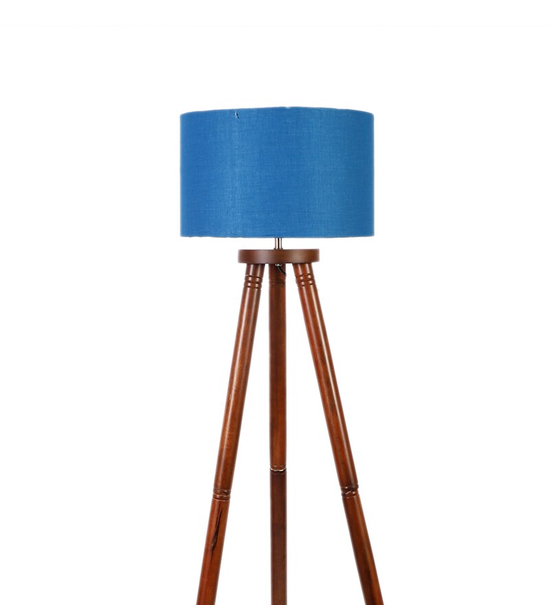 Buy Blue Cotton Shade Tripod Floor Lamp with Walnut Base by Pristine