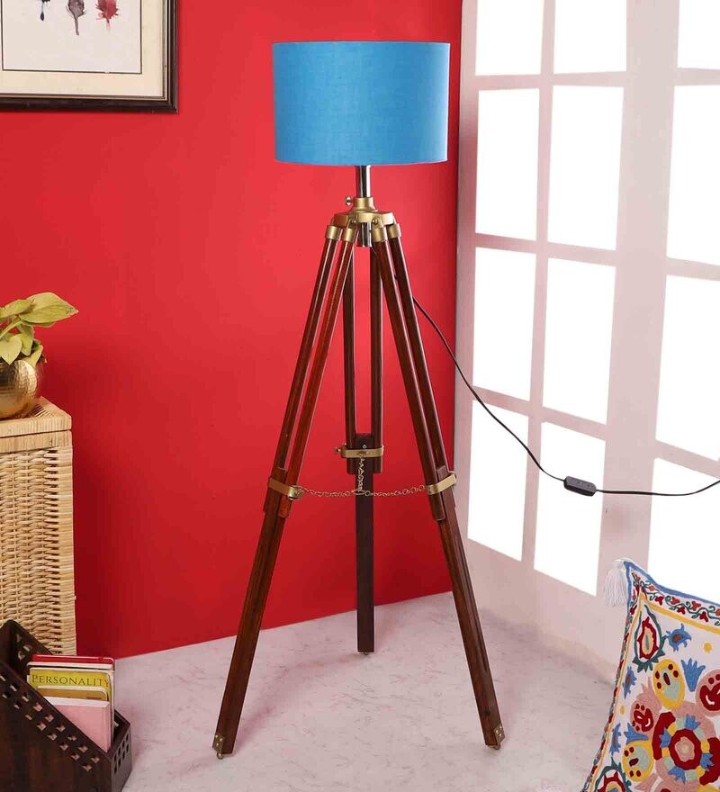 Buy Blue Cotton Shade Tripod Floor Lamp with Walnut Base by Pristine