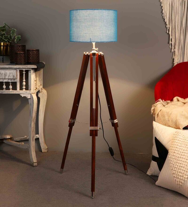 Buy Blue Cotton Shade Tripod Floor Lamp With Walnut Base By Pristine