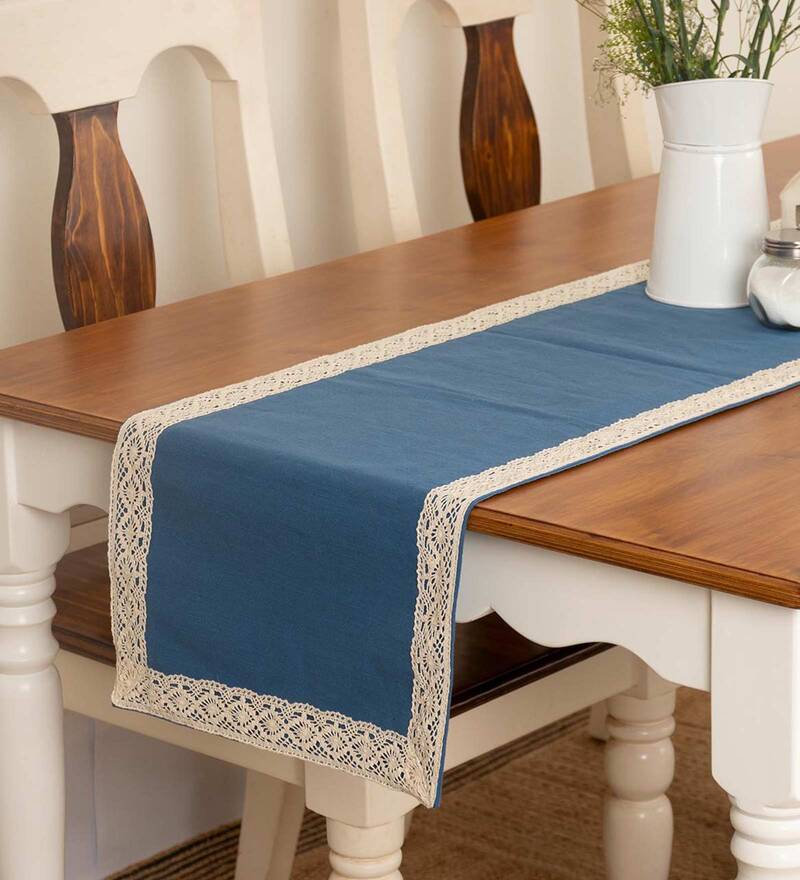 Buy Blue Cotton Solid 60x14 Inches Table Runner by The Yellow Dwelling
