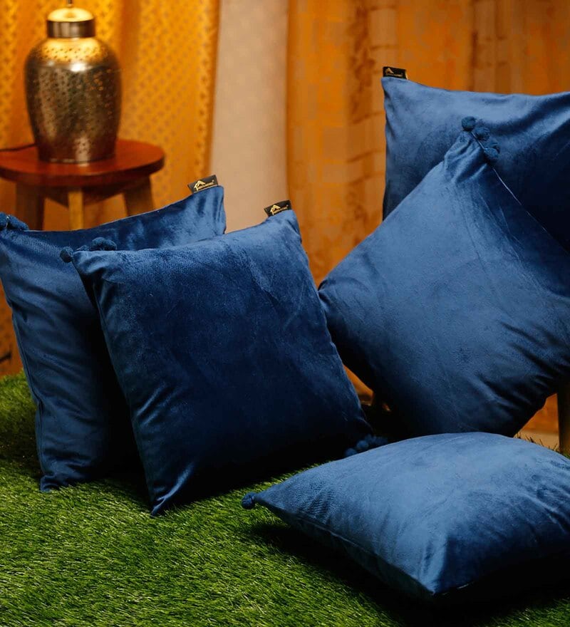 Buy Blue Embroidered Velvet 16X16 Inches Cushion Cover (Set of 5) by