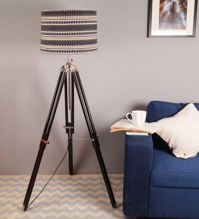 Buy Blue Fabric Shade Tripod Floor Lamp with Brown Base by Grated ...