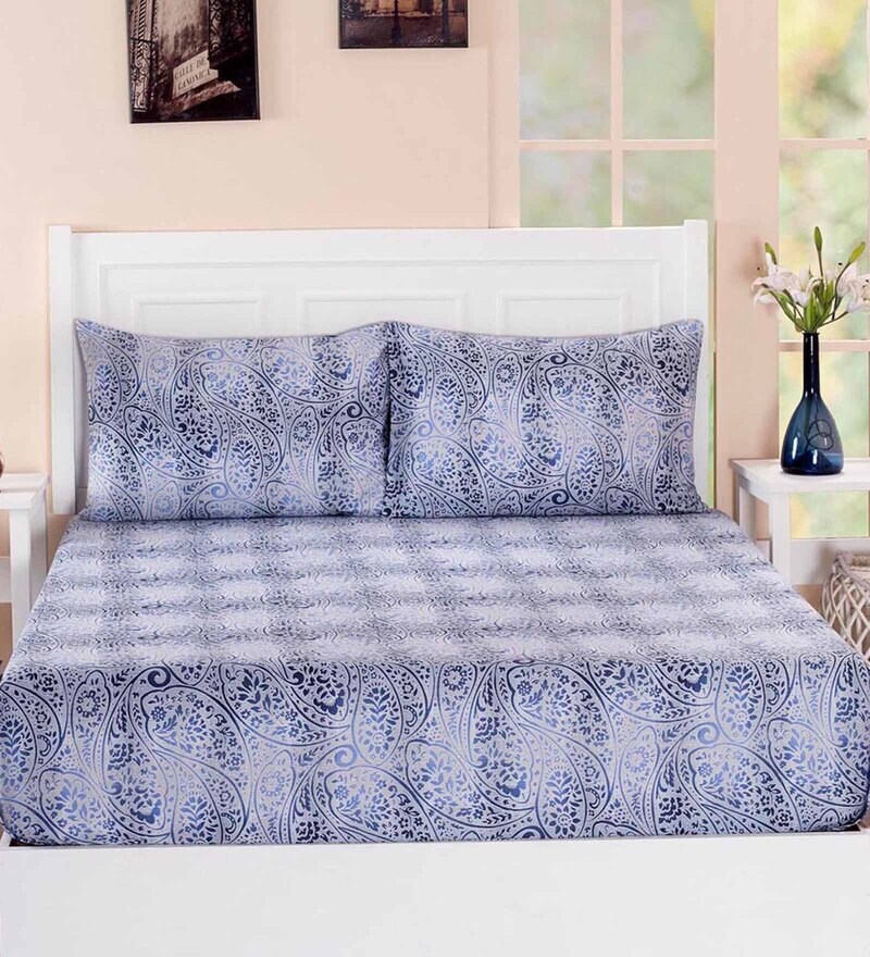 Buy Blue Floral 210 TC Cotton 1 Single Bedsheet With 1 Pillow Cover