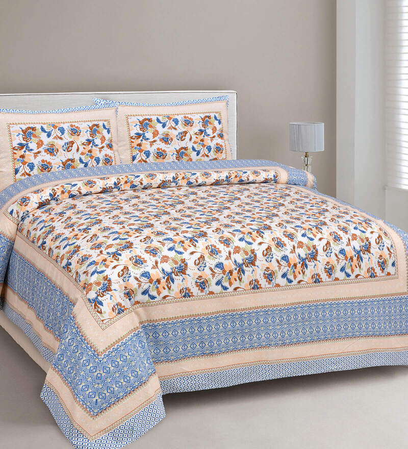 Buy Blue Floral 210 Tc Cotton King Sized Bedsheet With 2 Pillow Covers