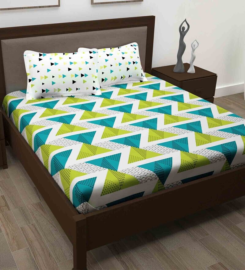 Buy Blue Geometric 186 TC 100 Cotton King Sized Bed Sheets with 2