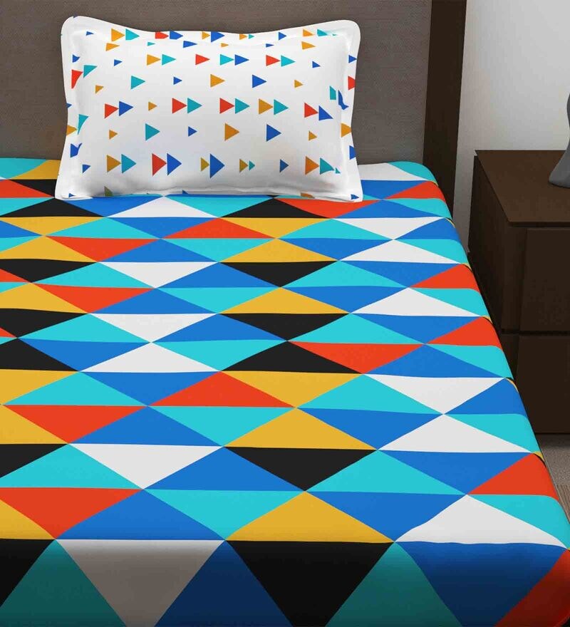 Buy Blue Geometric 186 TC 100% Cotton Single Bedsheet with 1 Pillow ...