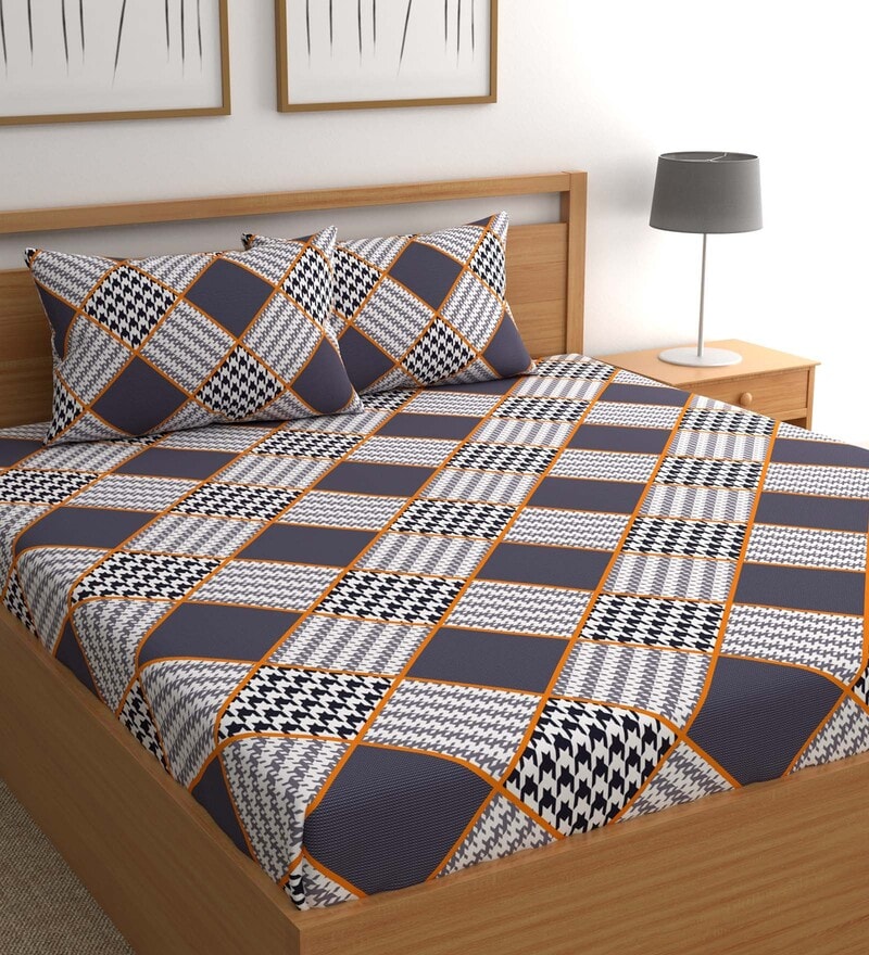 Buy Blue Geometric 210 TC Microfiber King Sized Bedsheet With 2 Pillow ...