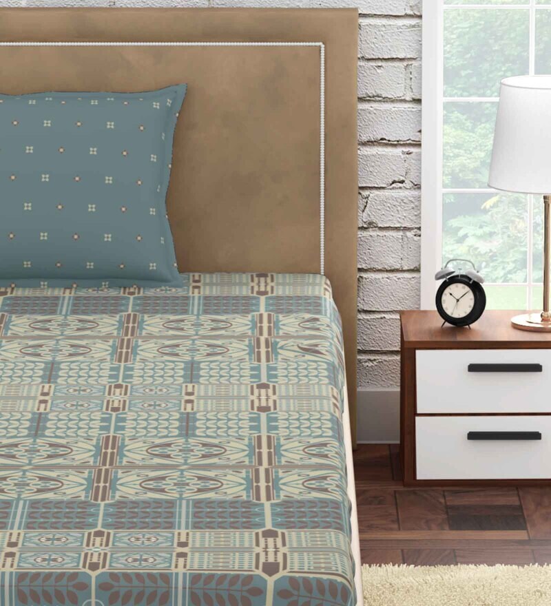 Buy Blue Geometric 300 TC 100 Cotton Single Bed Sized Bed Sheets With
