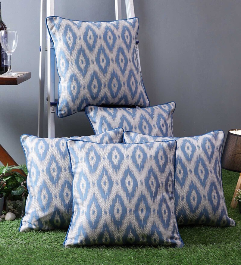 Buy Blue Geometric Polyester 16 x 16 Inches Cushion Cover (Set of 5) by