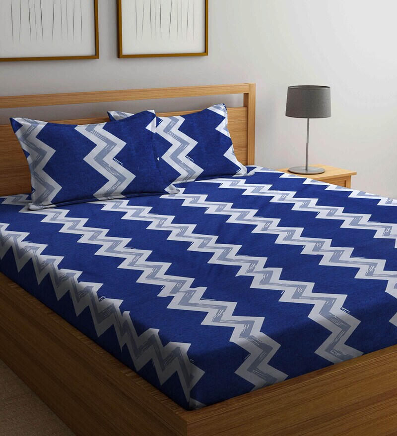 Buy Blue Geometric TC 300 Cotton Blend Queen Size Bedsheet with 2
