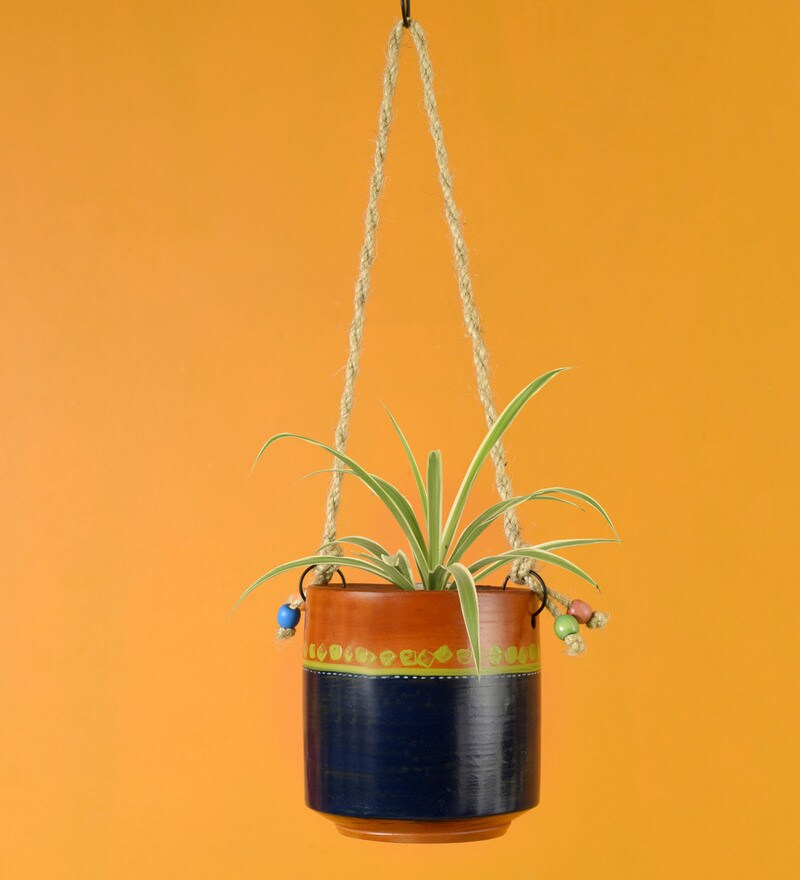 Buy Blue Owl Earthen NA Hanging Planter with Stand by Aakriti Art